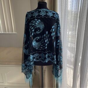 Vintage Sequin Peacock Embroidered Shawl Wrap Fringed